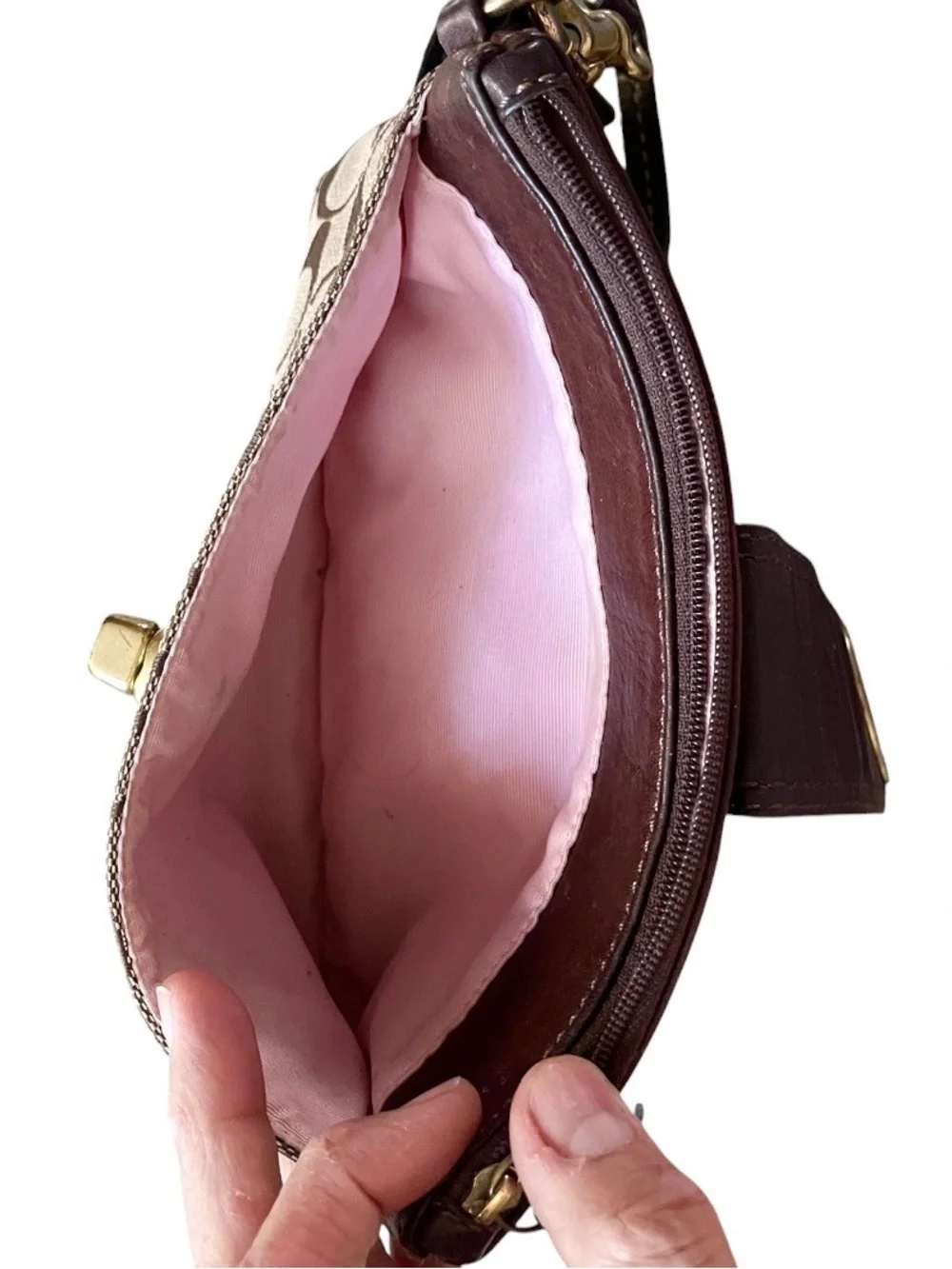 Vintage Coach Signature Brown/Tan Canvas and Leather Turnlock Pouchette Wristlet